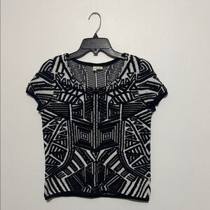 Anthropologie Moth Dahlia Jacquard Pullover Navy White short sleeve sweater top